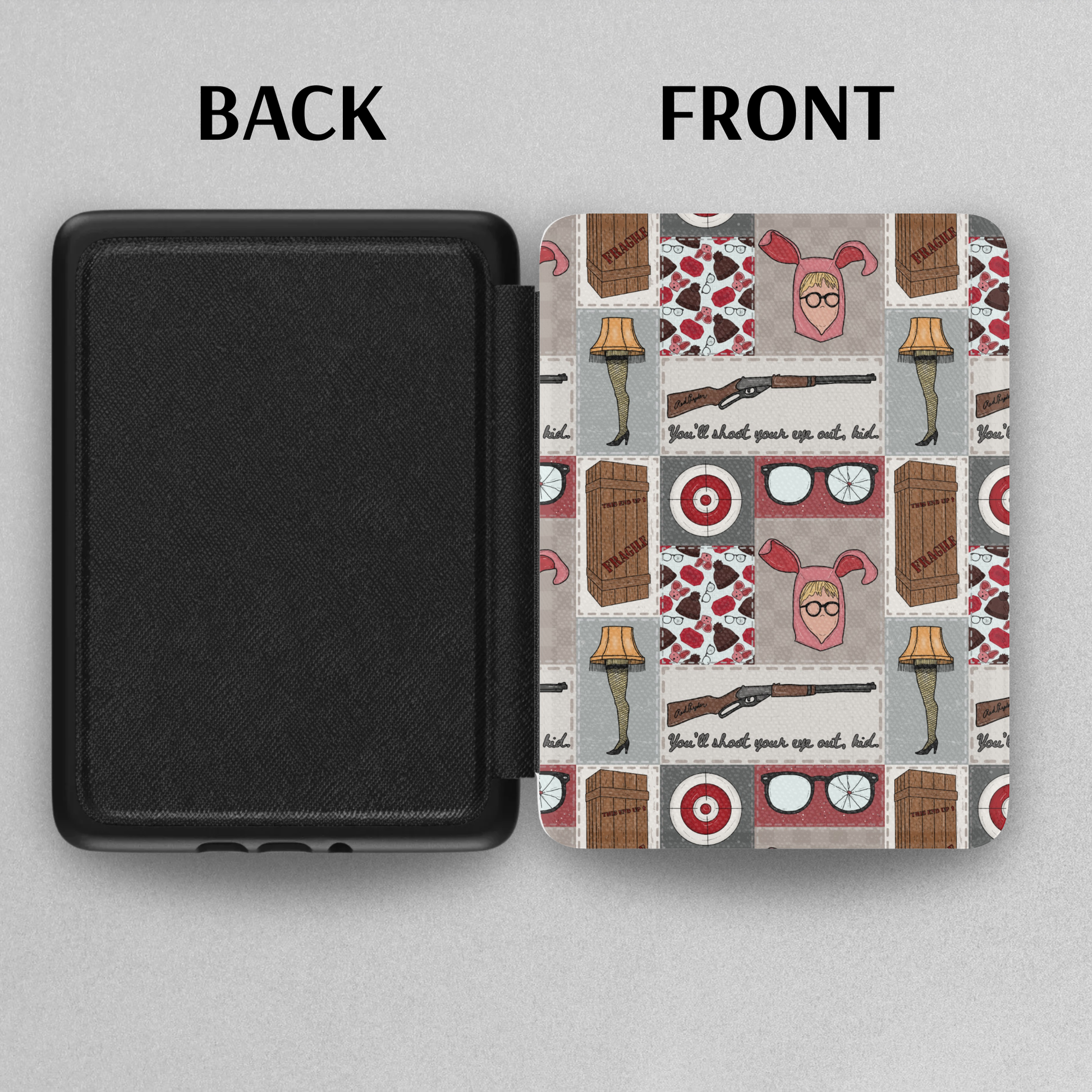 A Christmas Story Patchwork Leather Kindle Case with Hand Strap showing front pattern and black back cover view