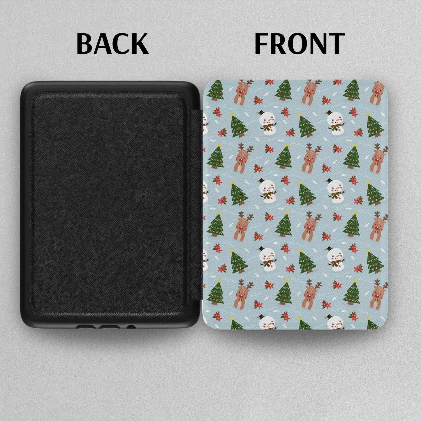 Snowmen and Reindeer Pattern Leather Kindle Case with Hand Strap