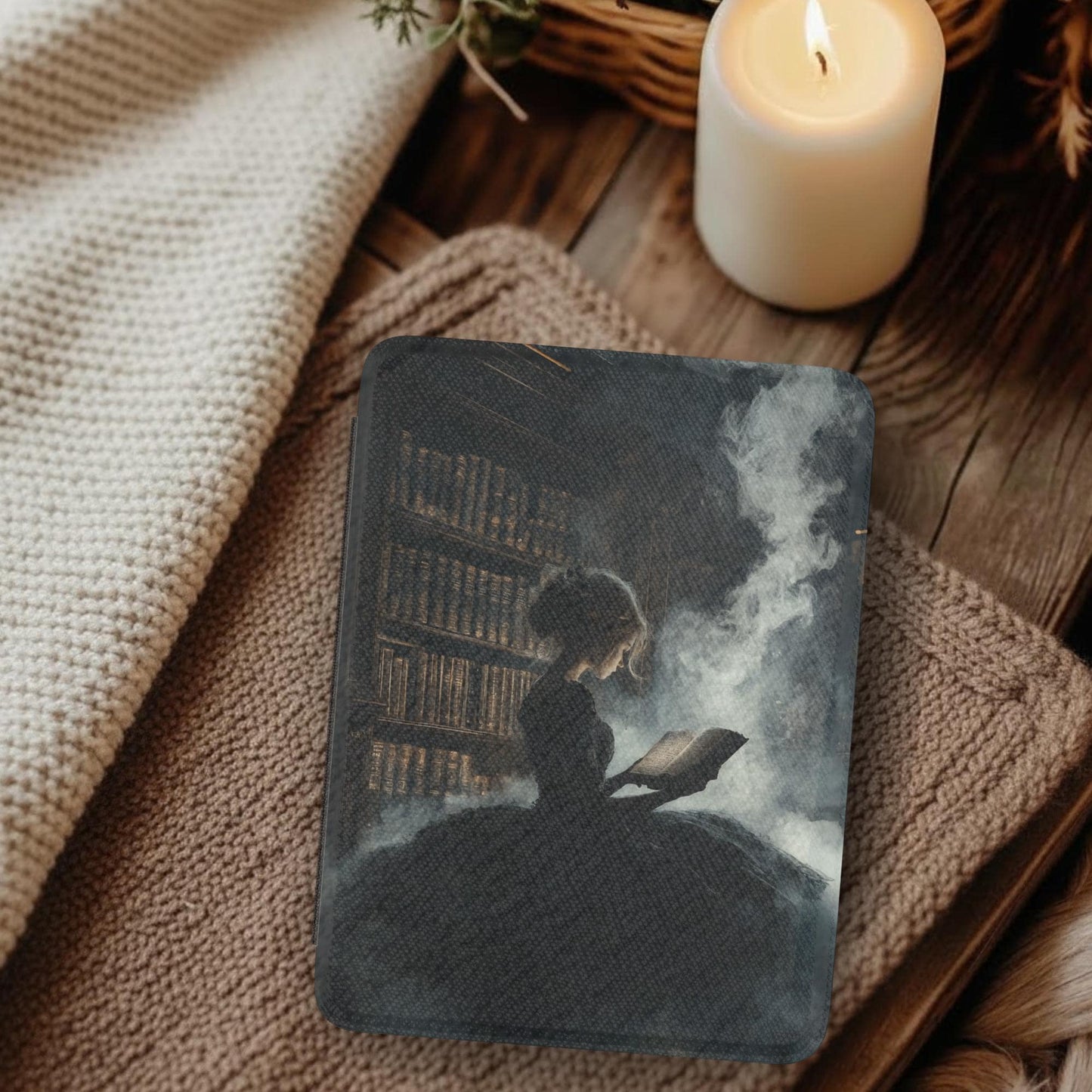 Book Lover Girl Leather Kindle Case with Hand Strap featuring artistic silhouette of girl reading beside candlelight in cozy setting