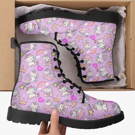 Happy Unicorns Pink Leather Combat Boots
