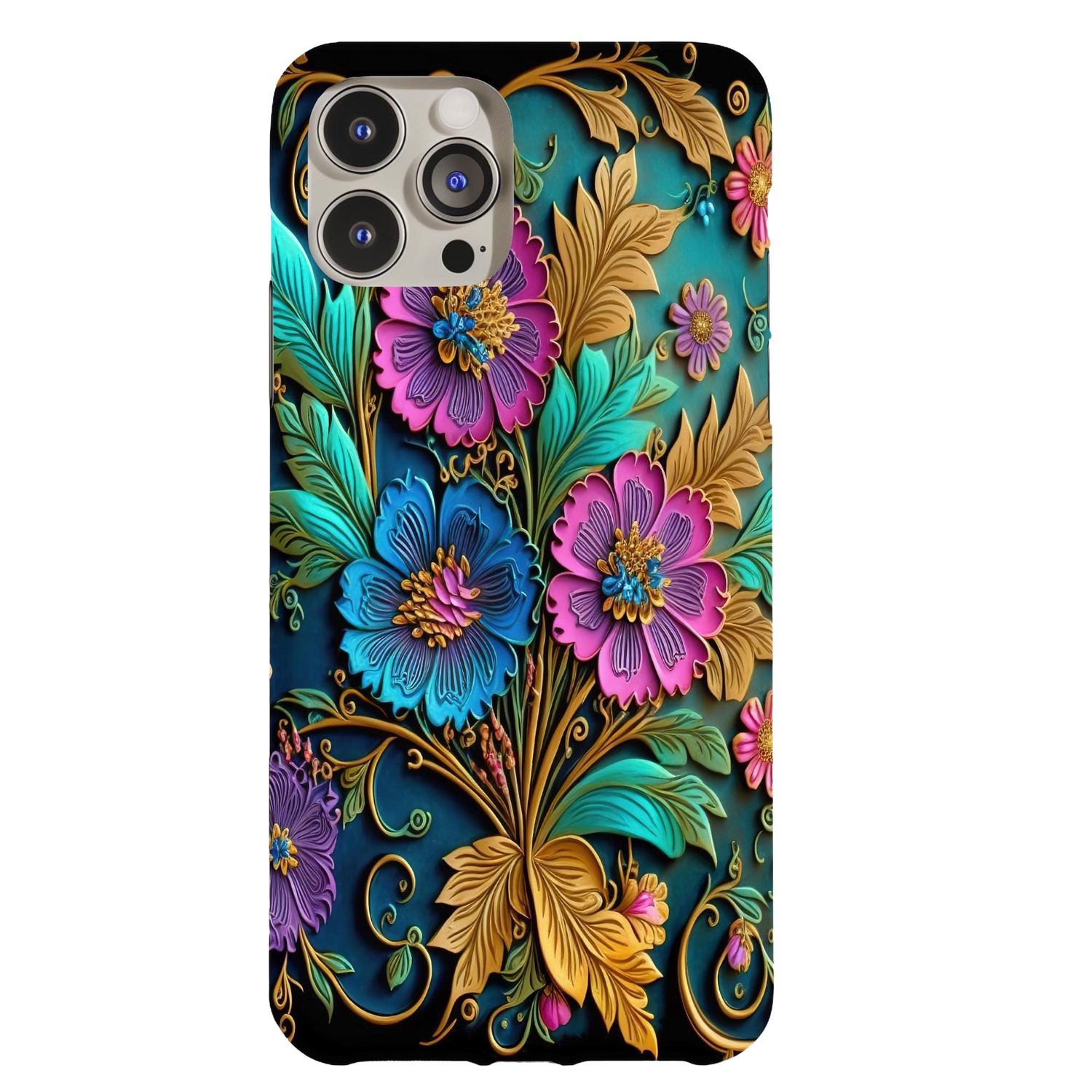 3D Flower Pattern Phone Case with vibrant blue, purple, and gold floral design creating an elegant and detailed look