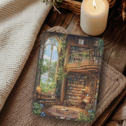 Fantasy Magical Library Autumn Fall Plaid Leather Kindle Case with Hand Strap