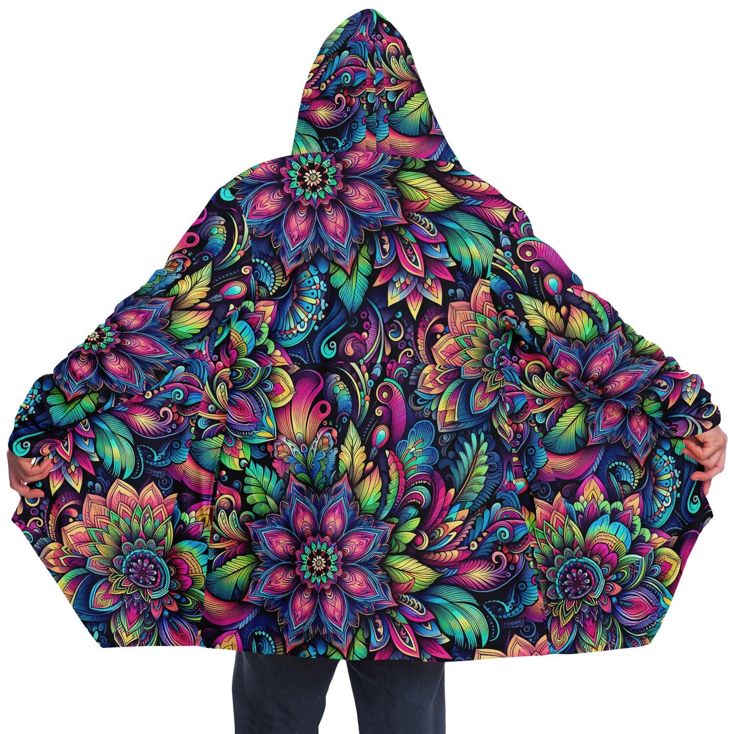Psychedelic Etched Floral Fleece Lined Hooded Cloak