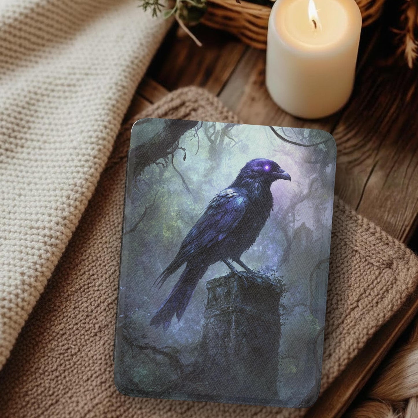 Gothic Creepy Raven Leather Kindle Case with Hand Strap
