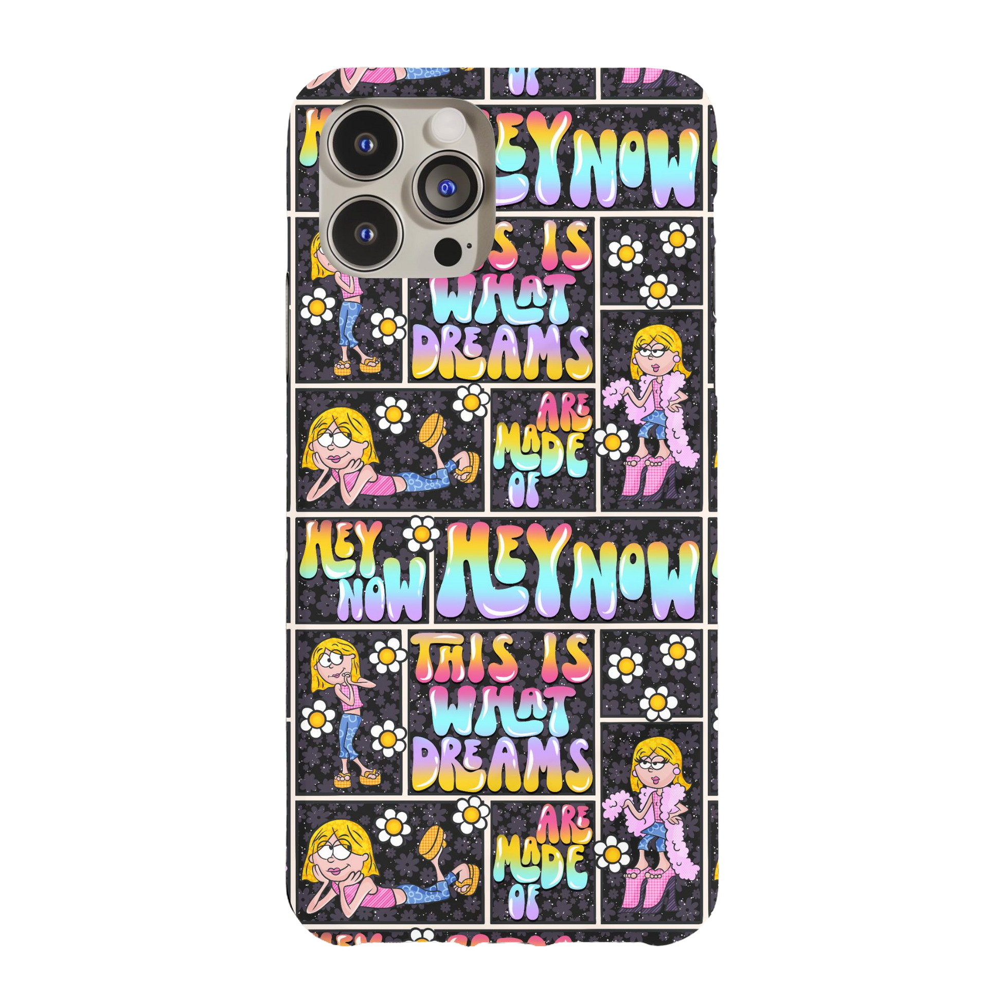 a phone case with a pattern of cartoon characters on it