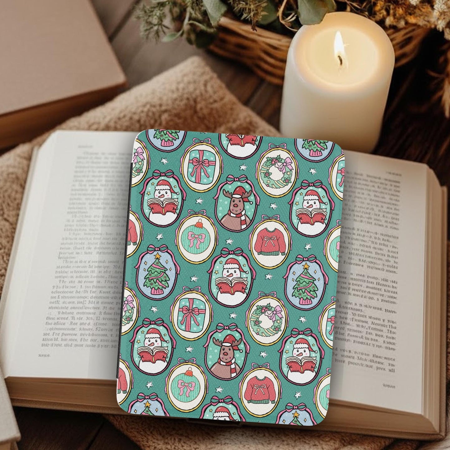 Bookish Christmas Frames Leather Kindle Case with Hand Strap