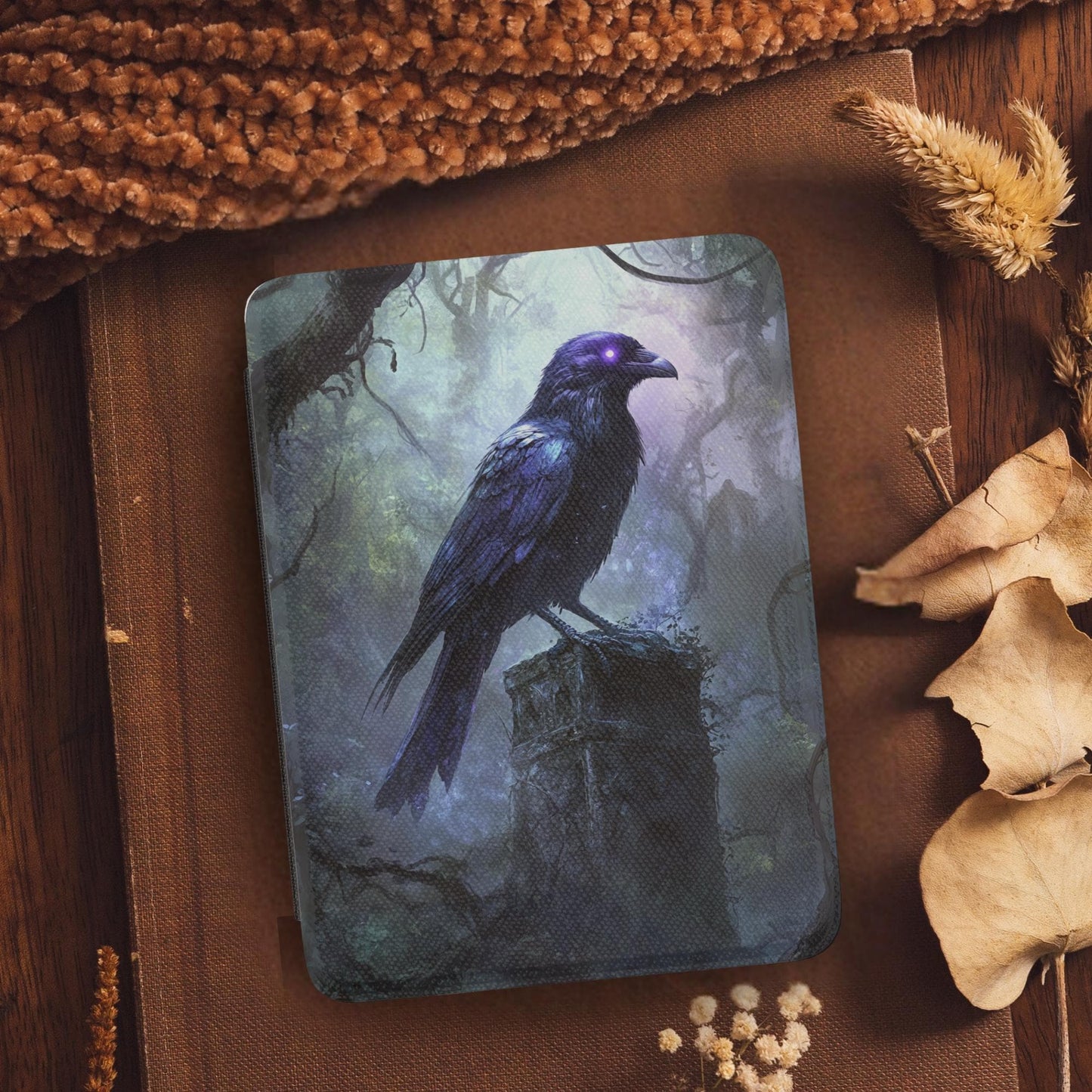 Gothic Creepy Raven Leather Kindle Case with Hand Strap