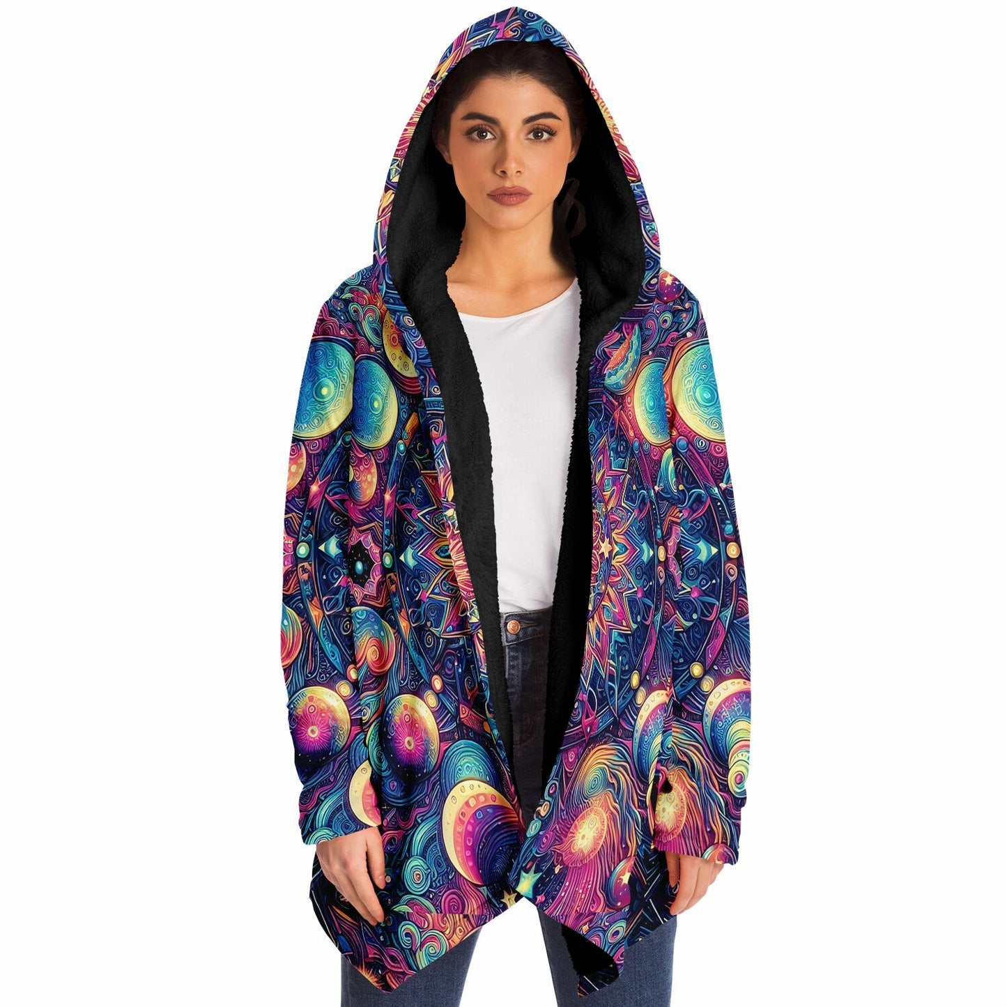 Psychedelic Celestial Sun Moons Fleece Lined Hooded Cloak