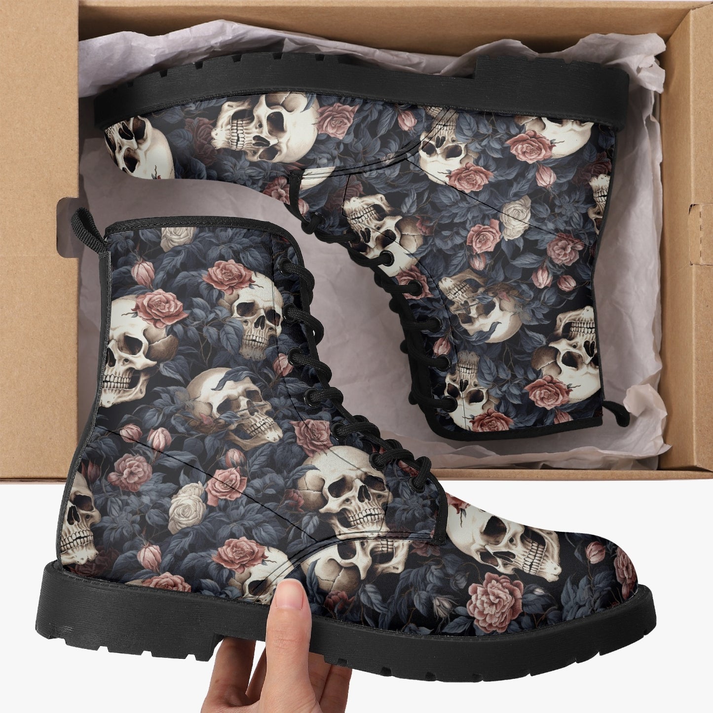 Gothic Skulls Pink Floral Leather Combat Boots