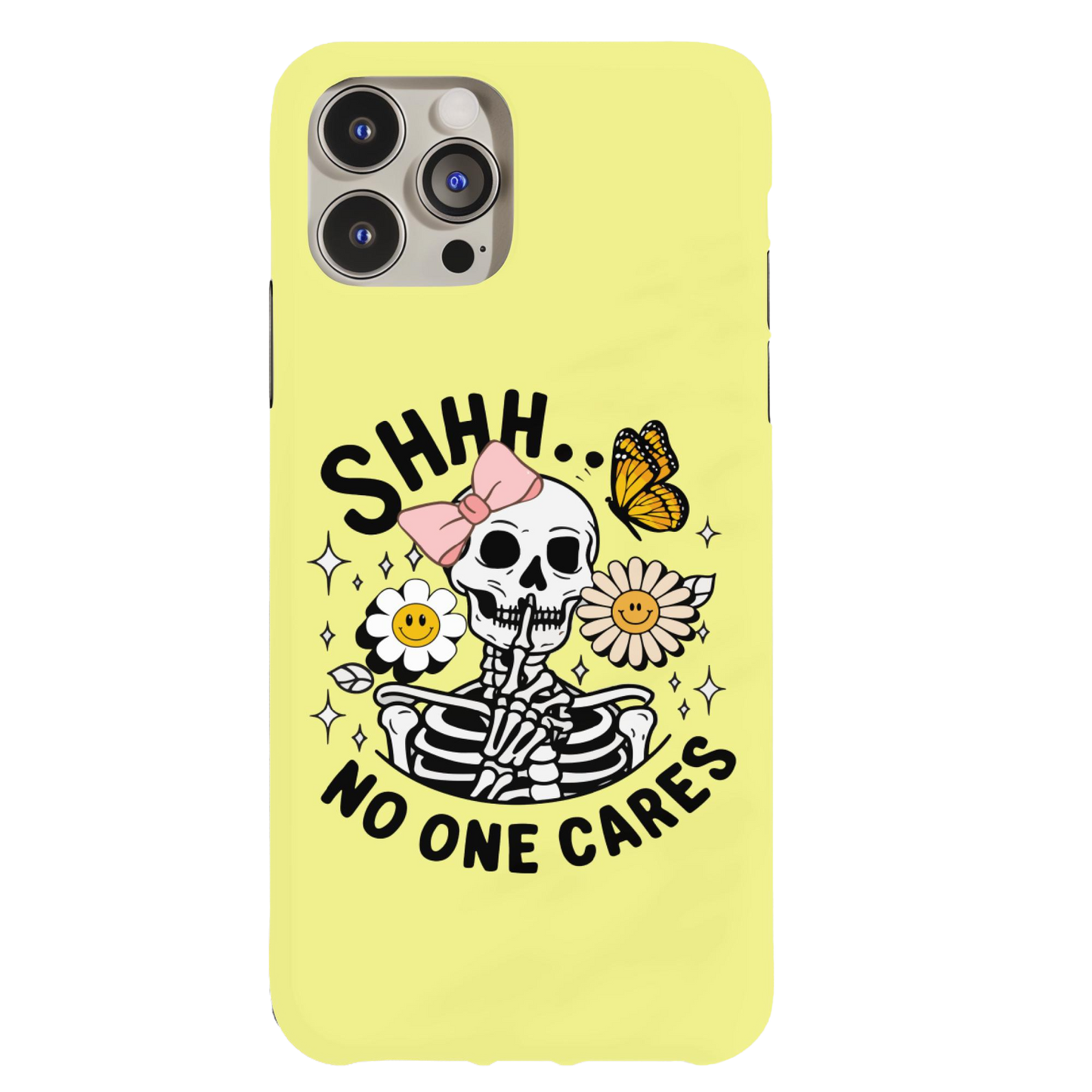 a yellow phone case with a skull and flowers on it