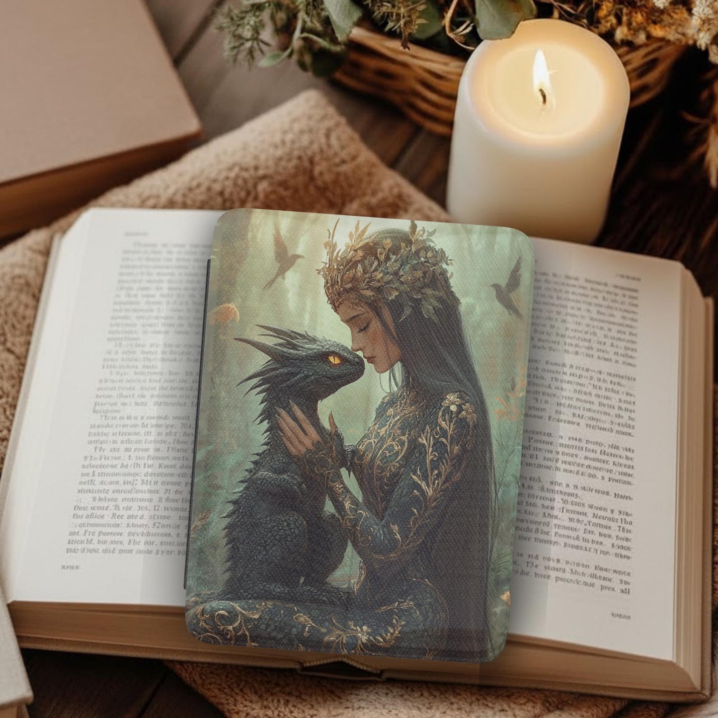 Fantasy Lady and Dragon Leather Kindle Case with Hand Strap