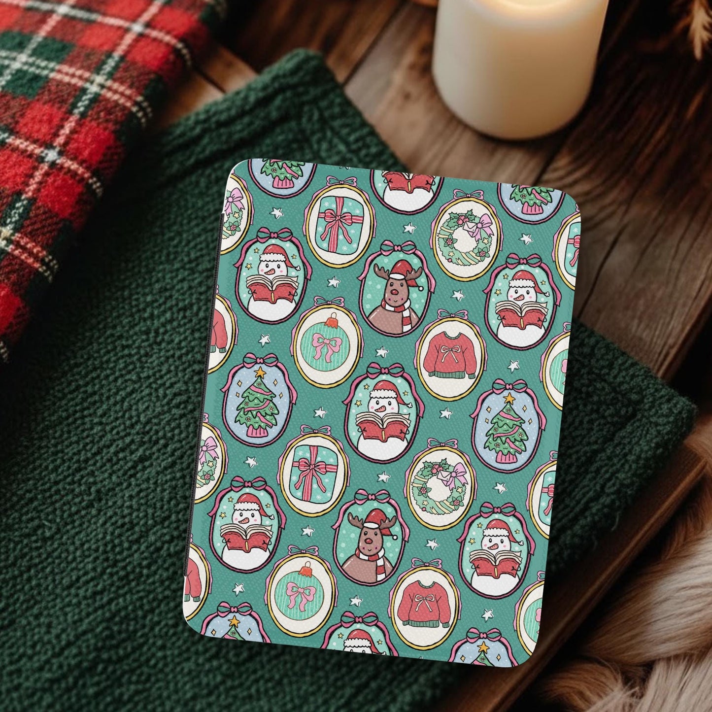 Bookish Christmas Frames Leather Kindle Case with Hand Strap