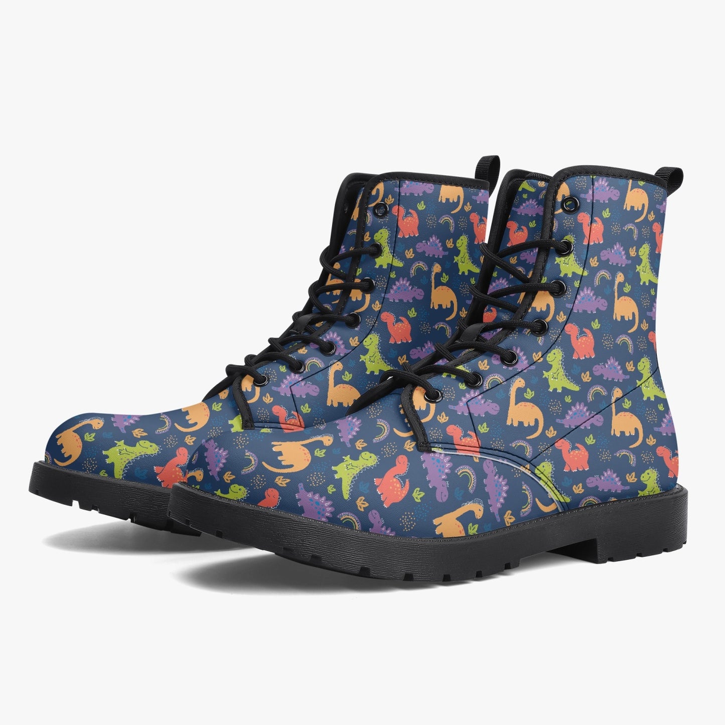 Multicolor Dinosaurs Blue Leather Combat Boots
