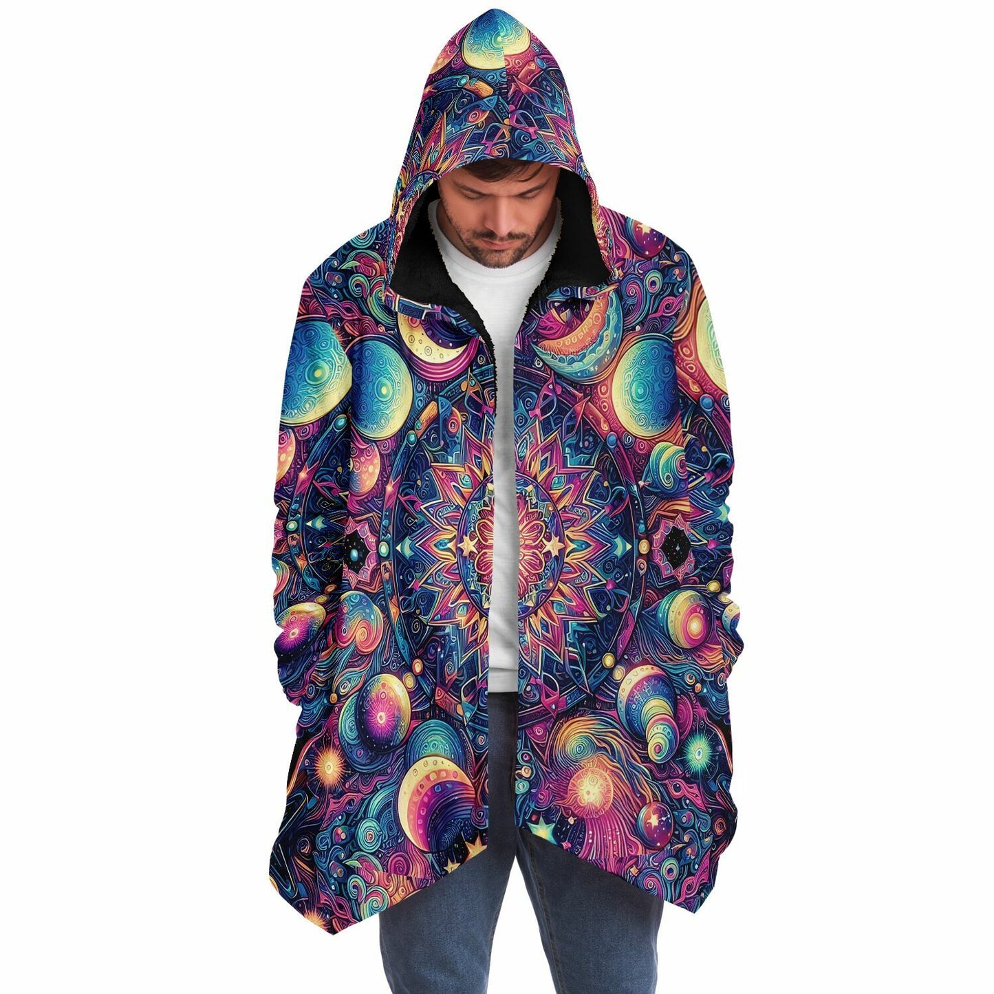 Psychedelic Celestial Sun Moons Fleece Lined Hooded Cloak