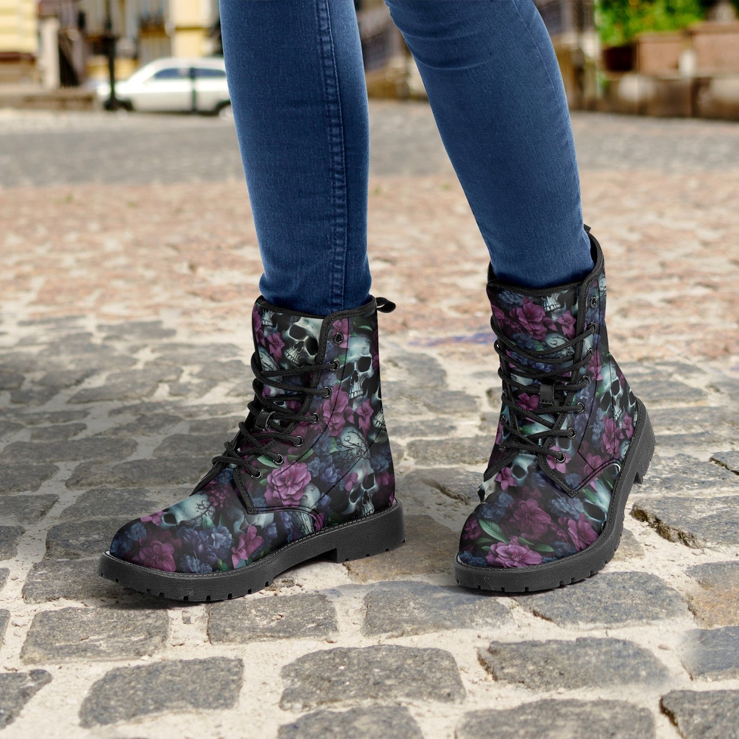 Gothic Skulls Purple Floral Leather Combat Boots