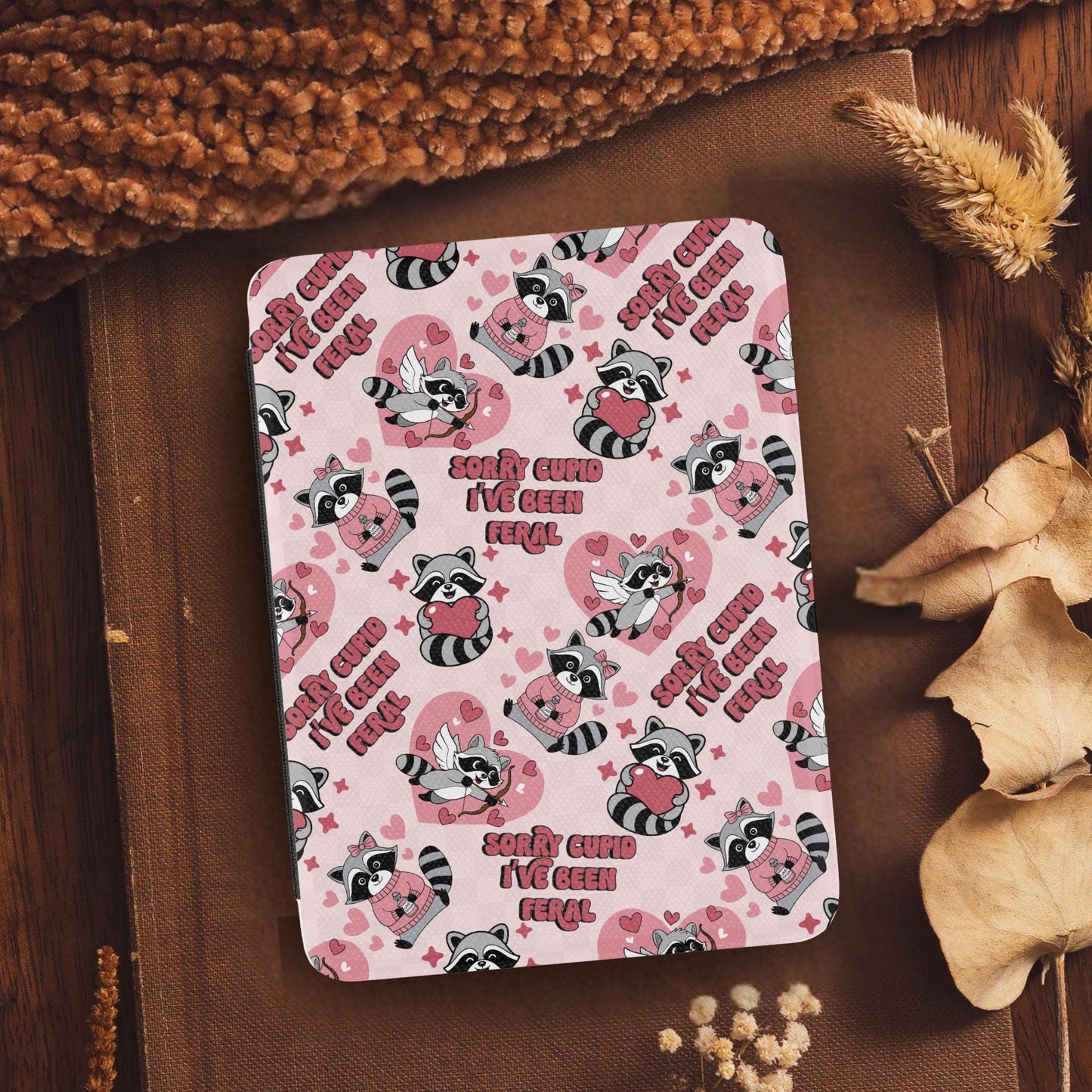 Feral Raccoon Valentine Leather Kindle Case with Hand Strap