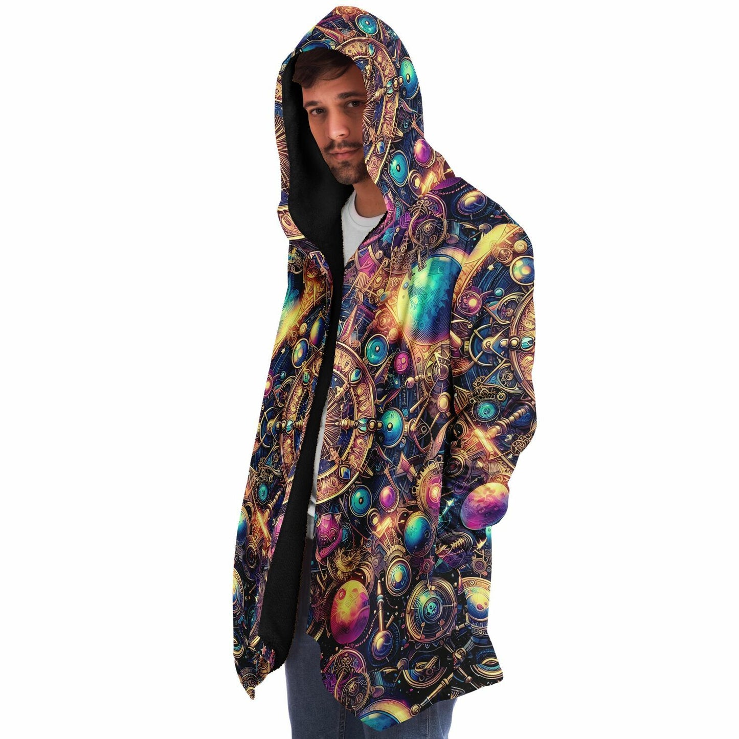 Psychedelic Steampunk Celestial Sun Moon Fleece Lined Hooded Cloak