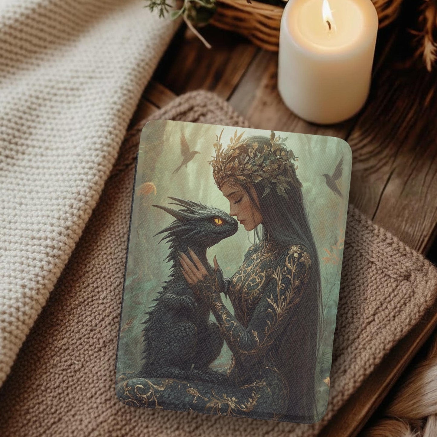 Fantasy Lady and Dragon Leather Kindle Case with Hand Strap