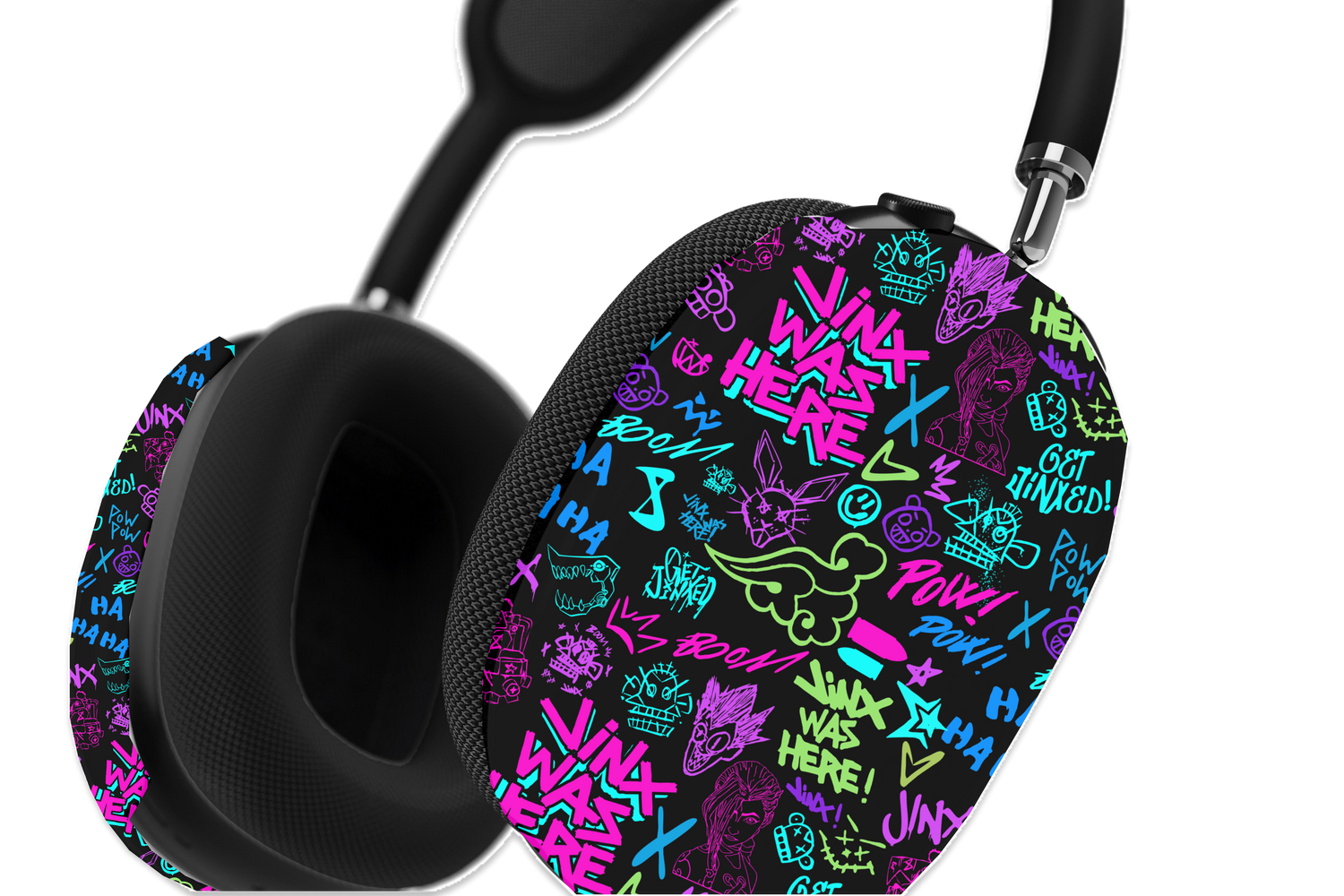 Arcane Jinx AirPods Max Case with colorful graffiti-style design and vibrant neon text on black background