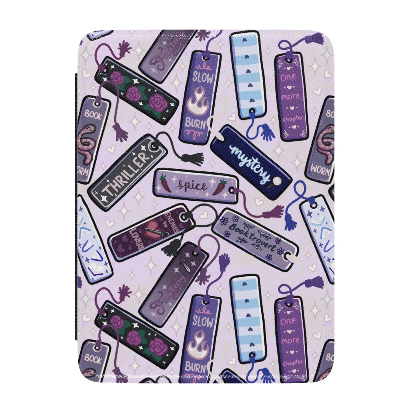 Bookish Tropes Bookmarks Leather Kindle Case with Hand Strap