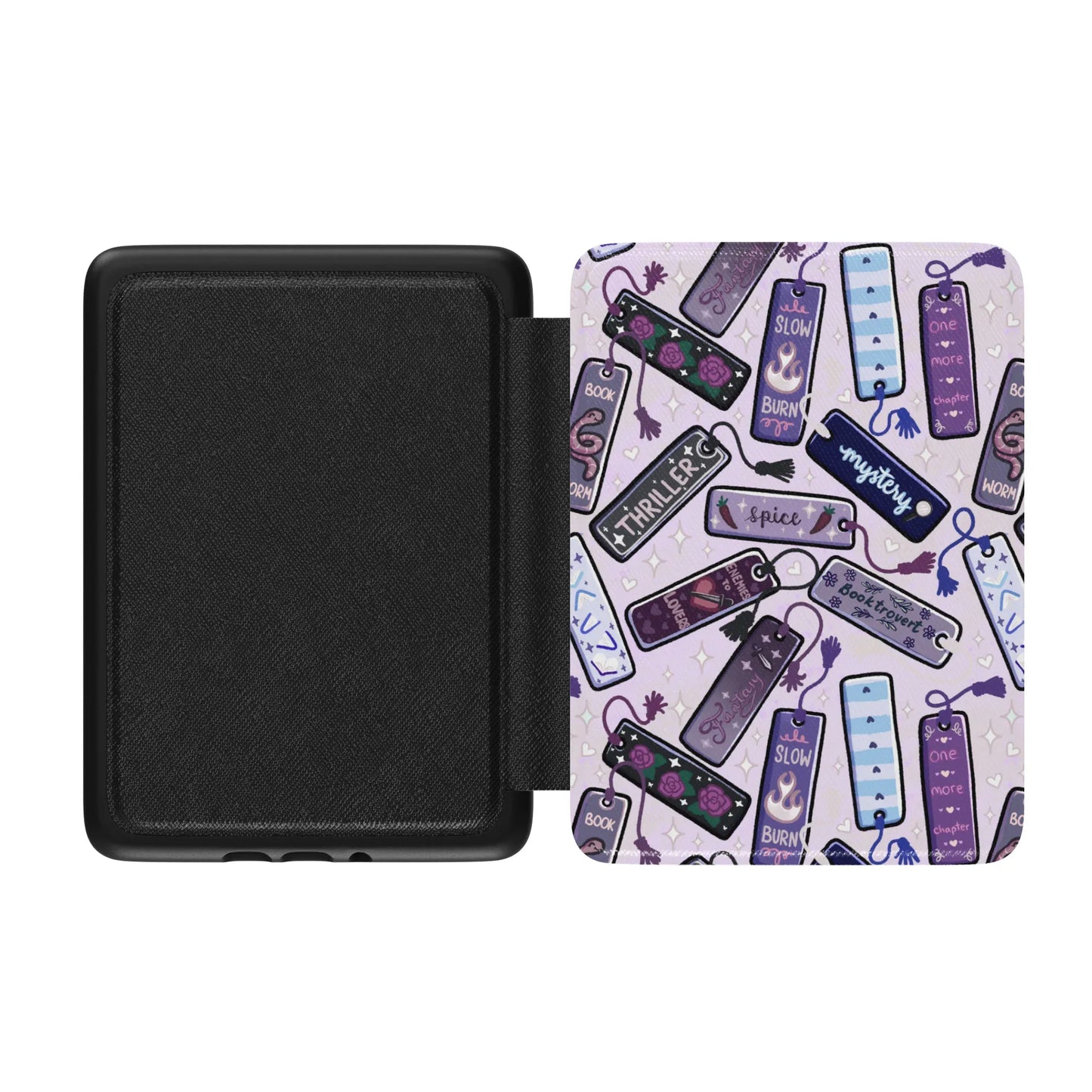 Bookish Tropes Bookmarks Leather Kindle Case with Hand Strap
