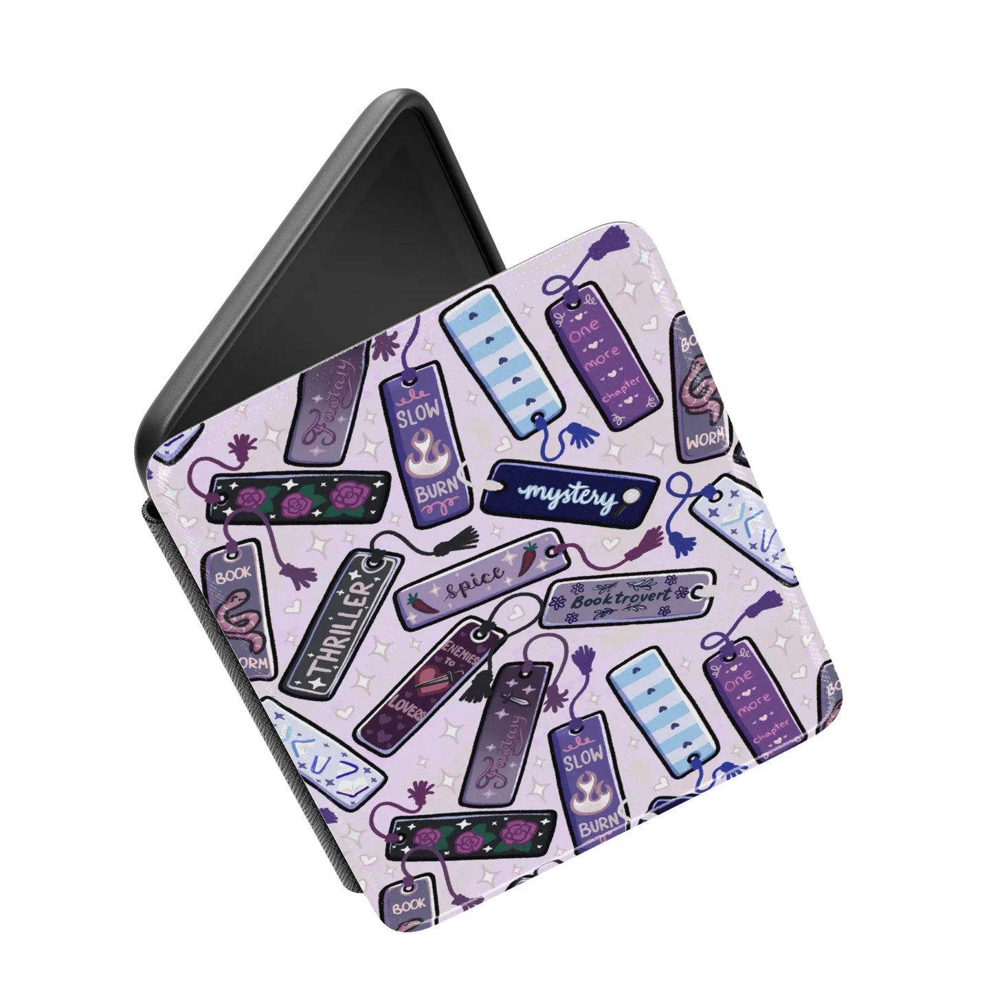 Bookish Tropes Bookmarks Leather Kindle Case with Hand Strap