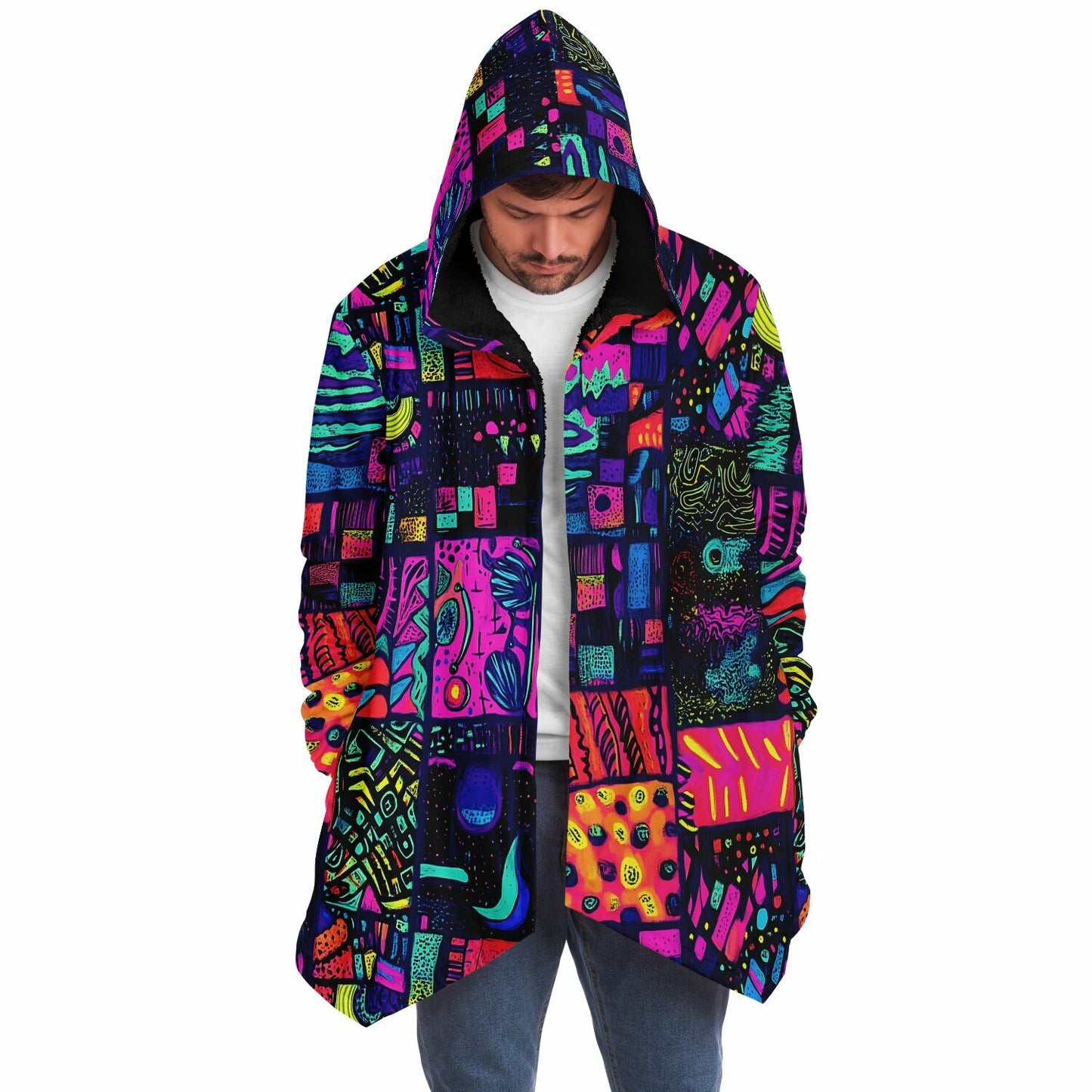 Psychedelic Trippy Patchwork Fleece Lined Hooded Cloak