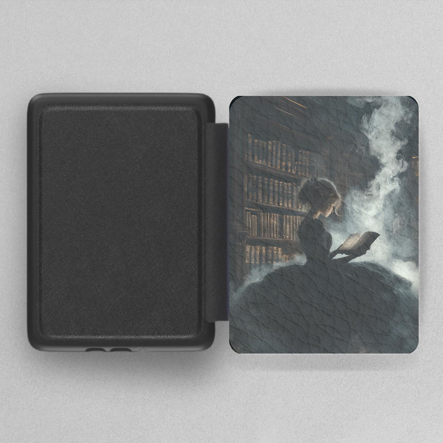 Book Lover Girl Leather Kindle Case with Hand Strap featuring a vintage-style girl reading in a smoky library scene