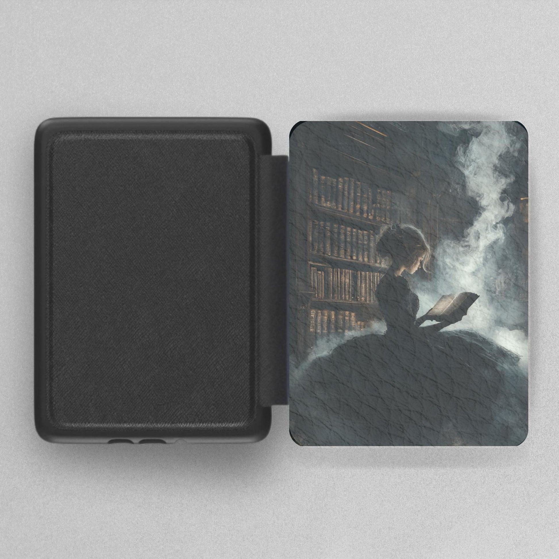 Book Lover Girl Leather Kindle Case with Hand Strap featuring a vintage-style girl reading in a smoky library scene