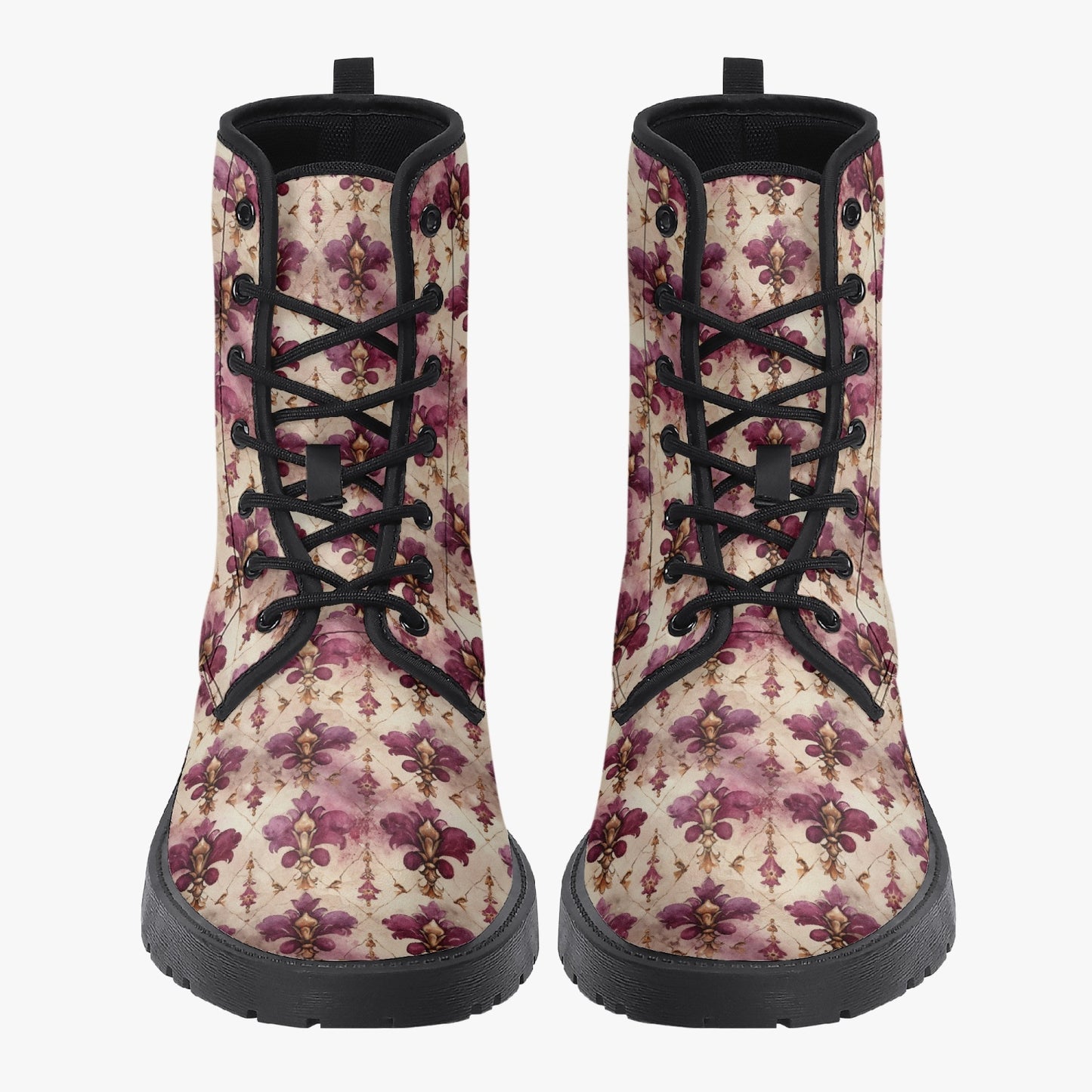 White Pink Damask Leather Combat Boots