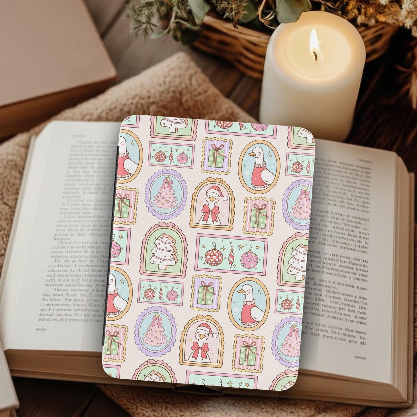 Coquette Christmas Goose Frames Leather Kindle Case with Hand Strap