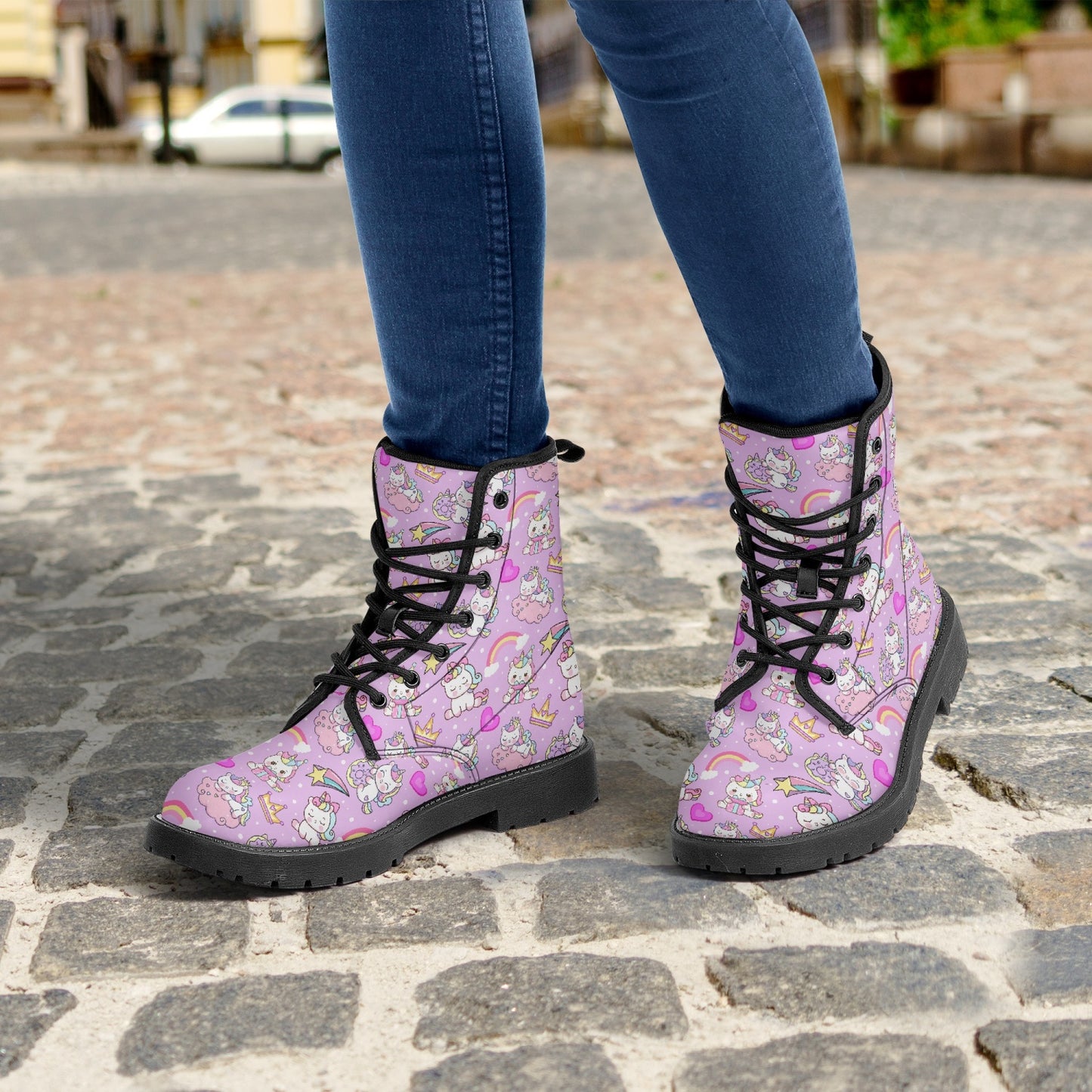 Happy Unicorns Pink Leather Combat Boots