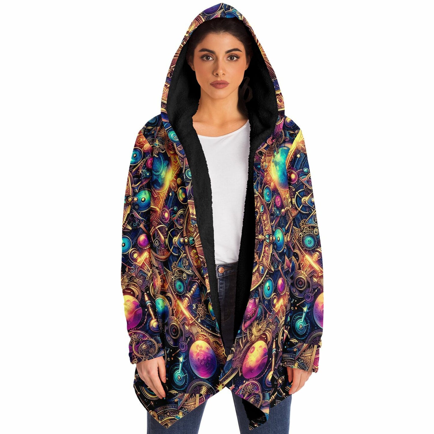 Psychedelic Steampunk Celestial Sun Moon Fleece Lined Hooded Cloak