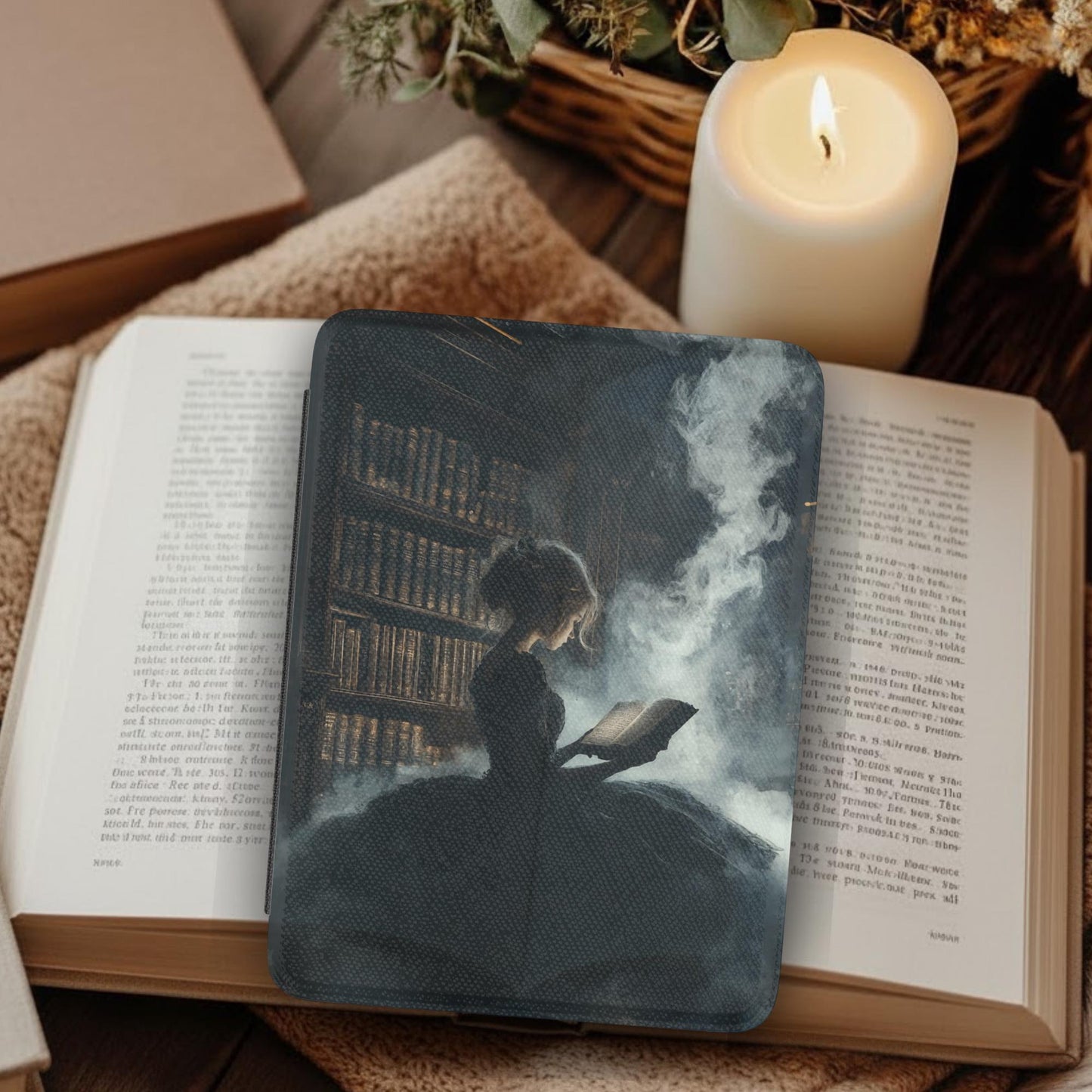 Book Lover Girl Leather Kindle Case with Hand Strap featuring a magical reading scene on a cozy background