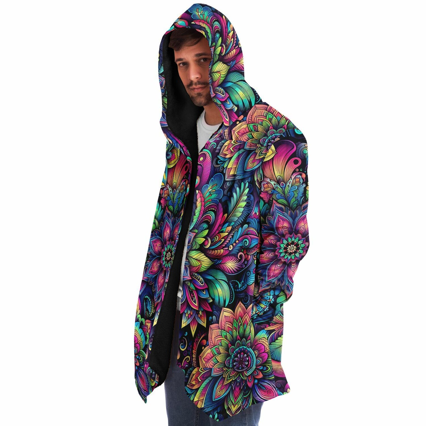 Psychedelic Etched Floral Fleece Lined Hooded Cloak