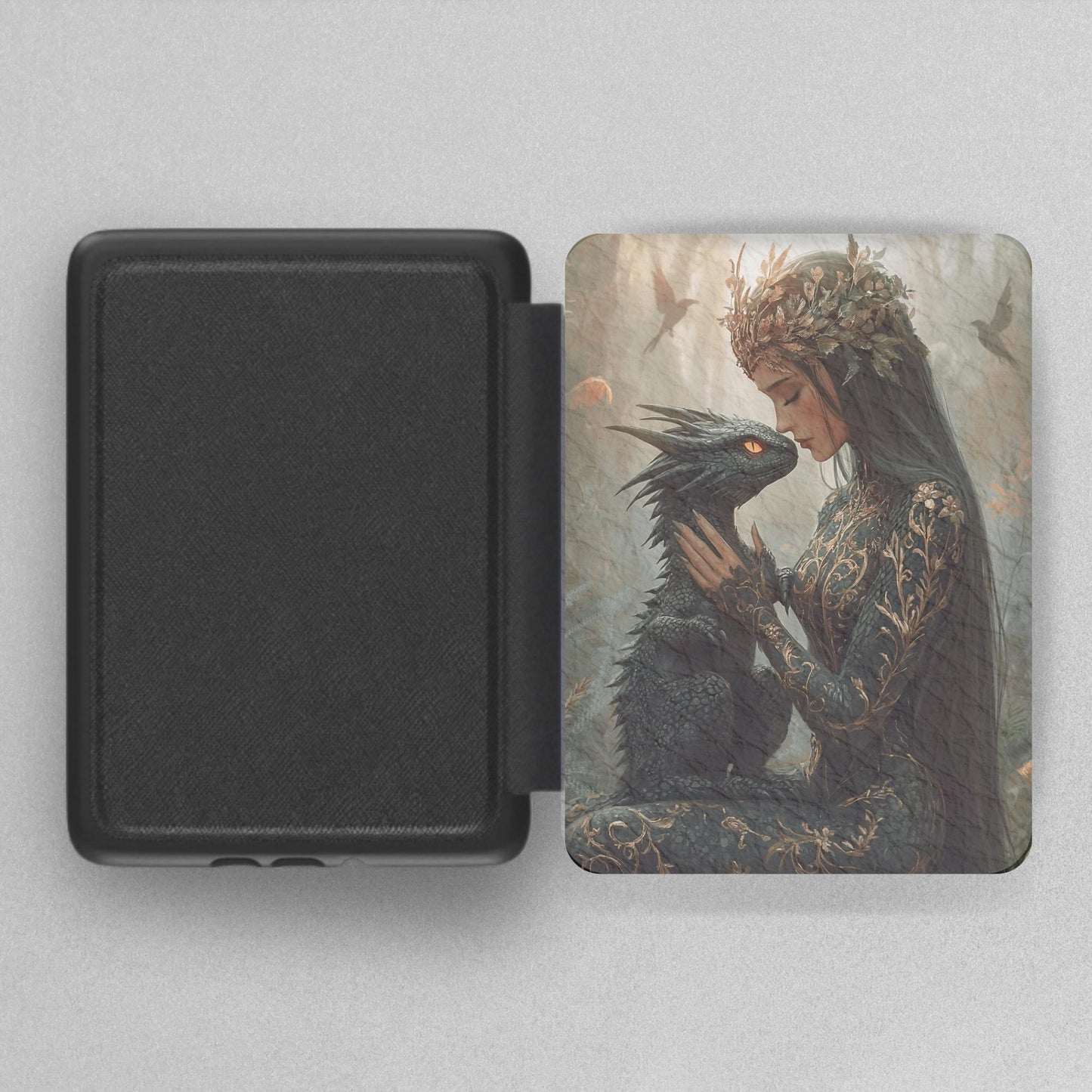 Fantasy Lady and Dragon Leather Kindle Case with Hand Strap
