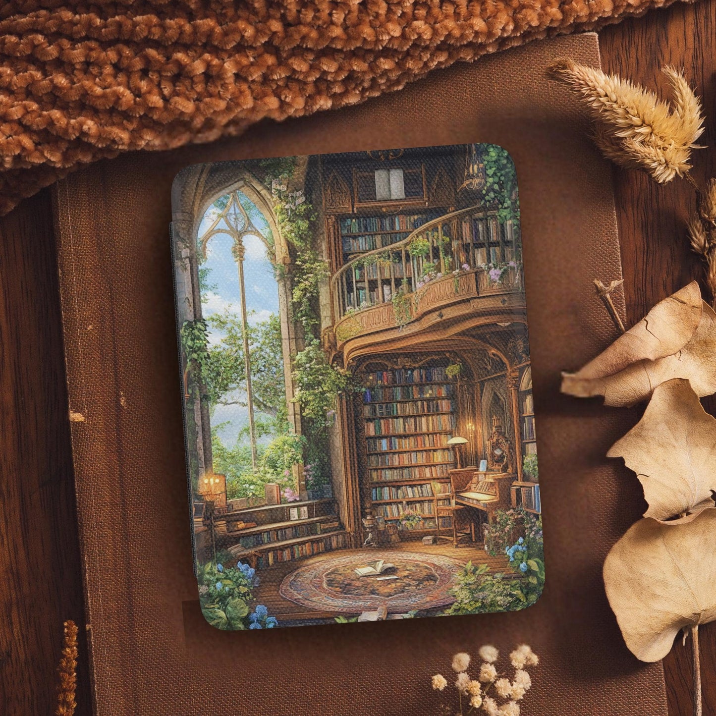 Fantasy Magical Library Autumn Fall Plaid Leather Kindle Case with Hand Strap
