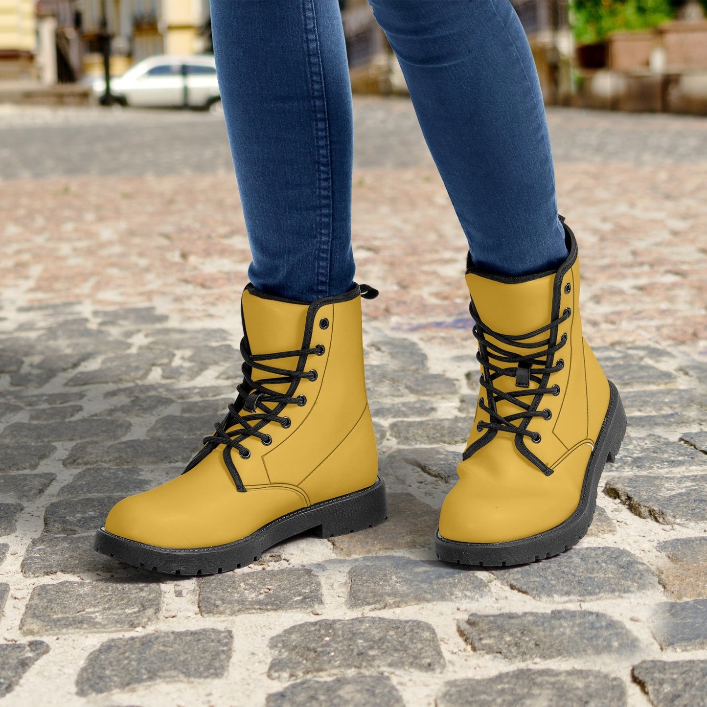 Daisy Yellow Leather Combat Boots
