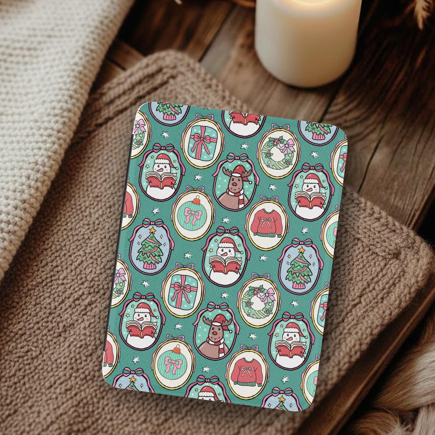 Bookish Christmas Frames Leather Kindle Case with Hand Strap