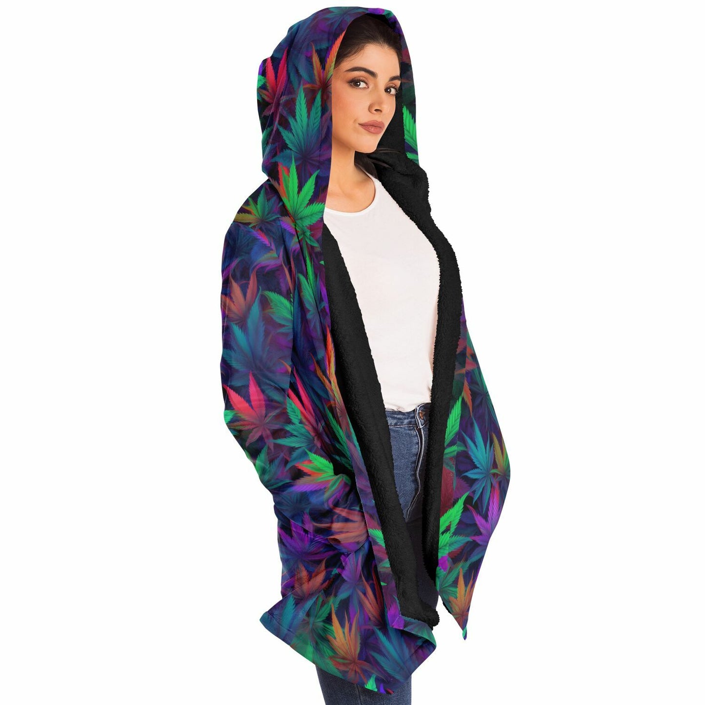 Vibrant Weed Leaves 420 Fleece Lined Hooded Cloak