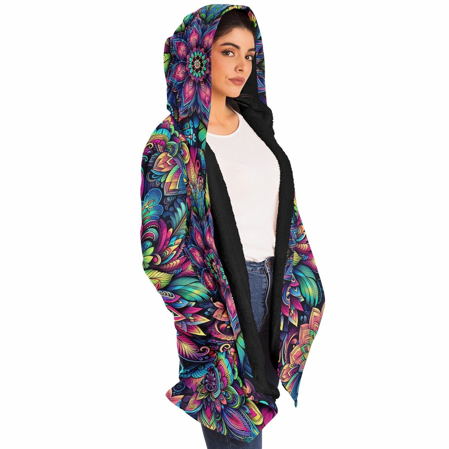 Psychedelic Etched Floral Fleece Lined Hooded Cloak