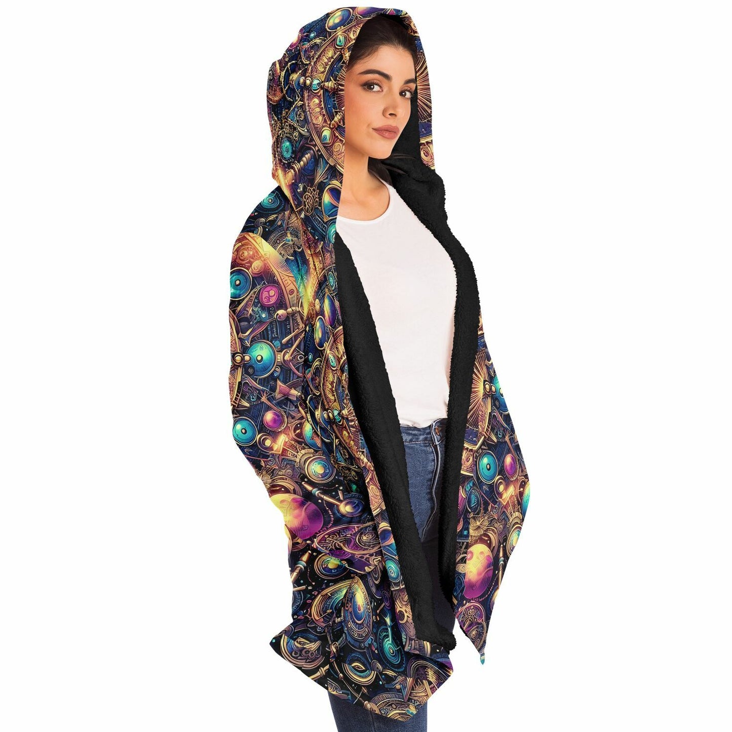 Psychedelic Steampunk Celestial Sun Moon Fleece Lined Hooded Cloak