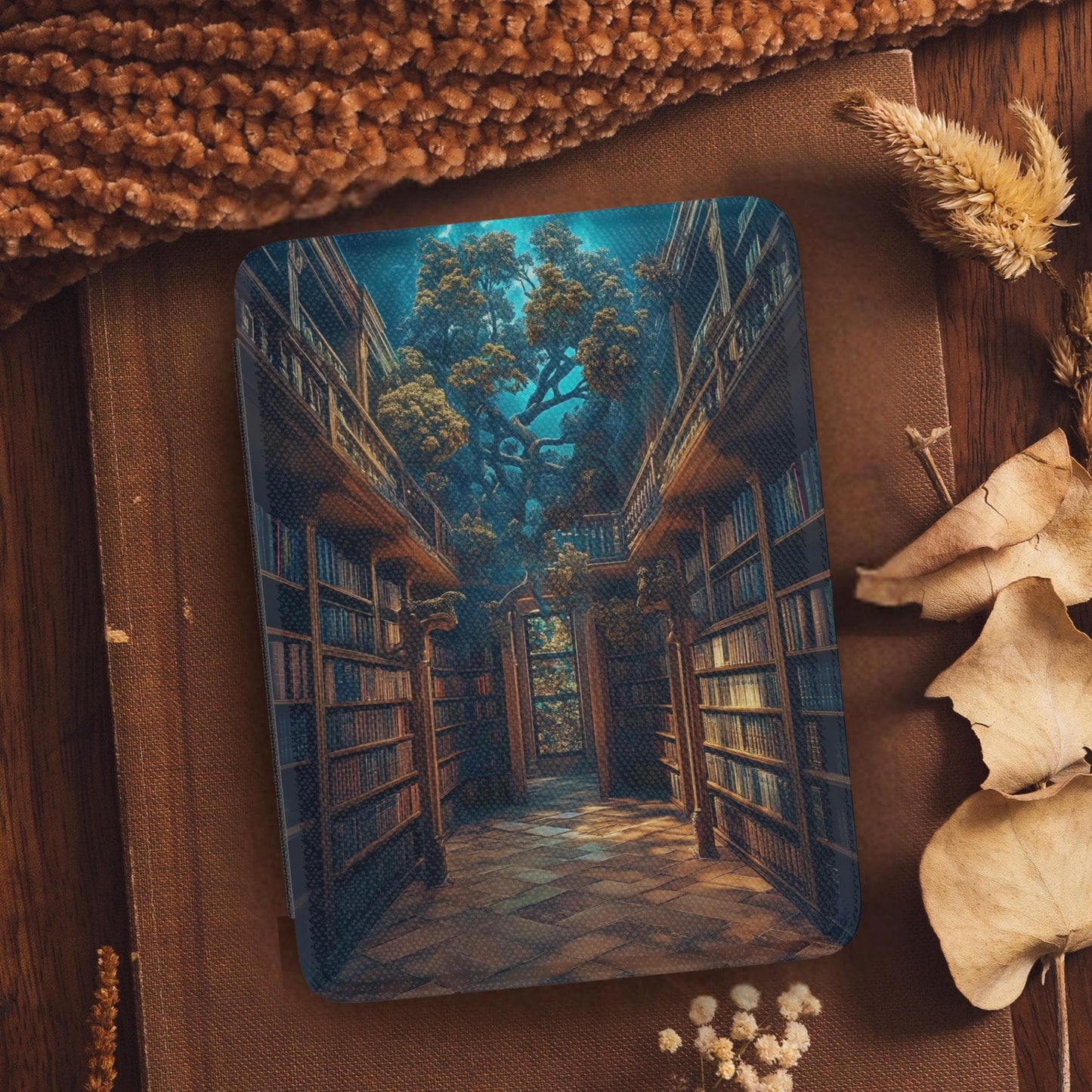 Fantasy Mystical Library Leather Kindle Case with Hand Strap