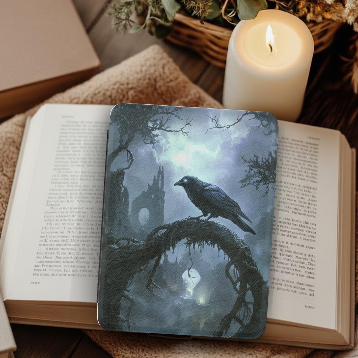Gothic Spooky Raven Leather Kindle Case with Hand Strap