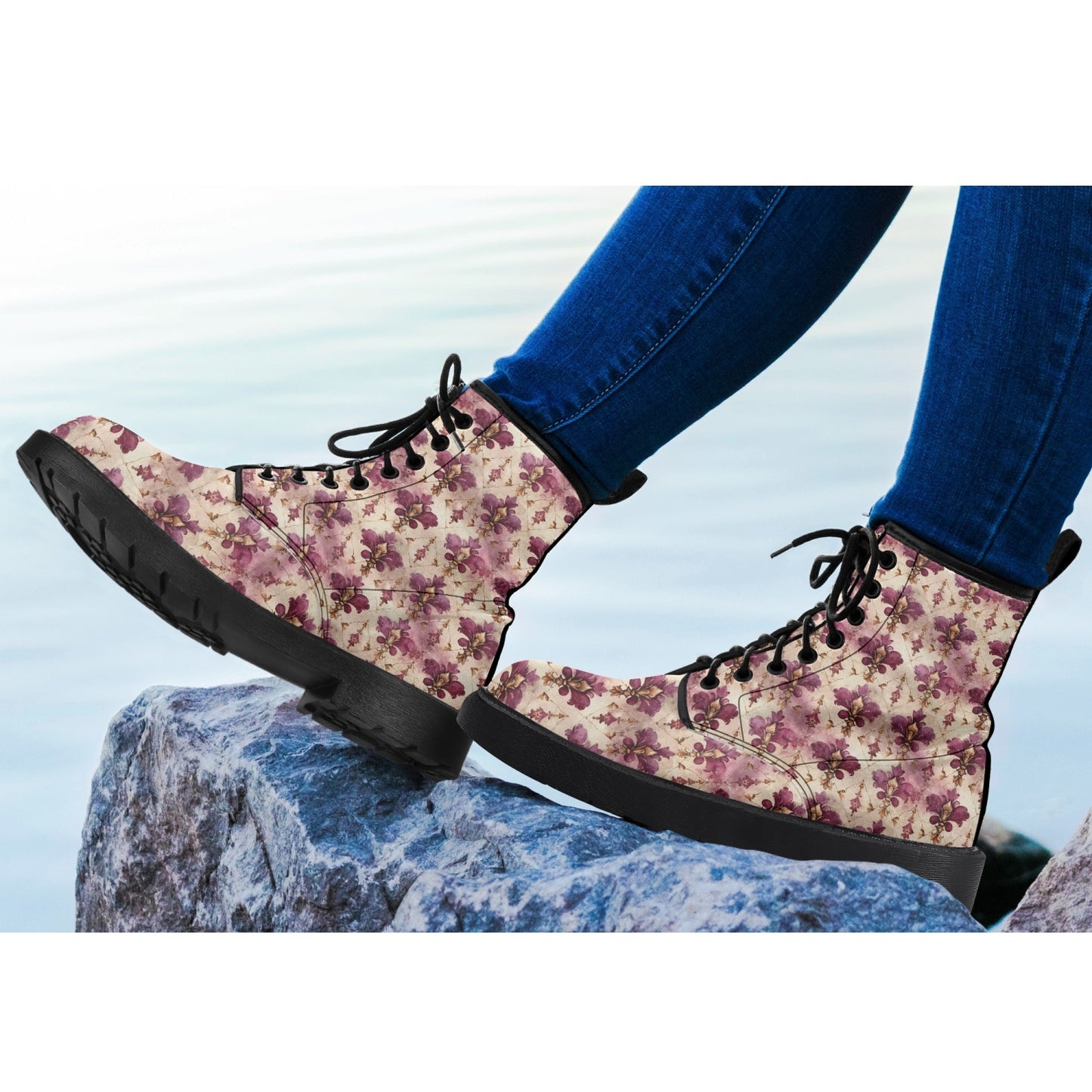 White Pink Damask Leather Combat Boots