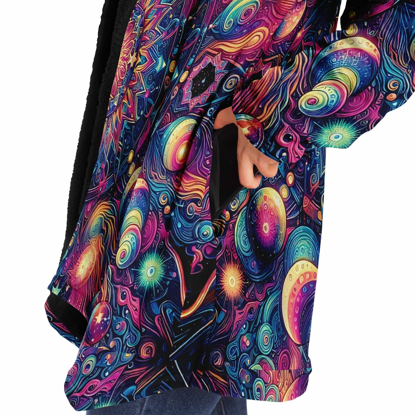 Psychedelic Celestial Sun Moons Fleece Lined Hooded Cloak