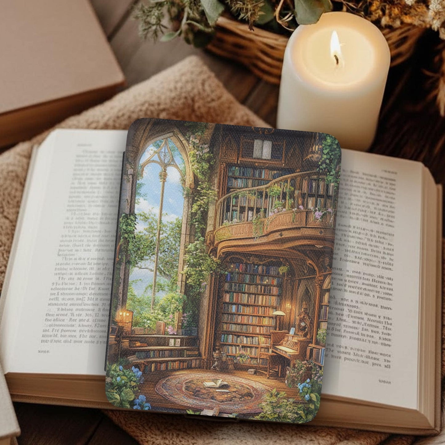 Fantasy Magical Library Autumn Fall Plaid Leather Kindle Case with Hand Strap