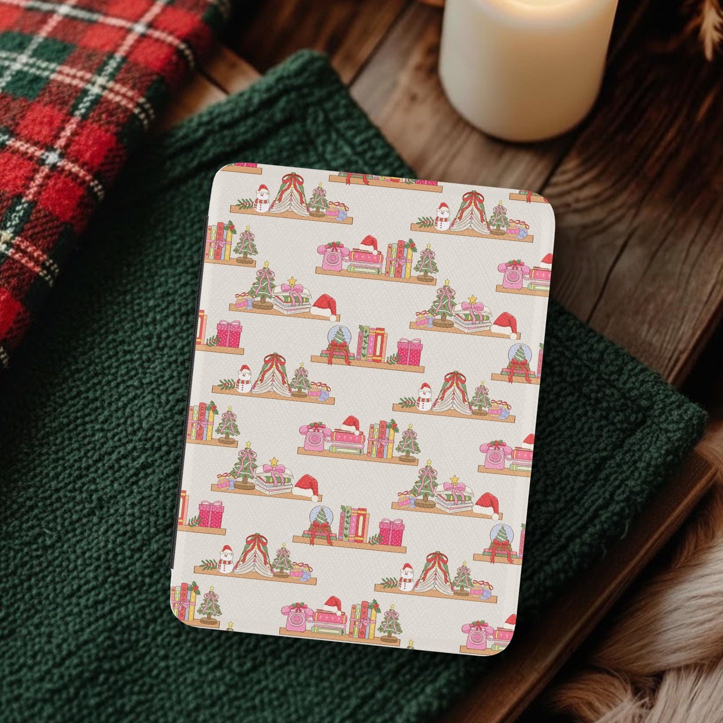 Bookish Christmas Shelves Leather Kindle Case with Hand Strap