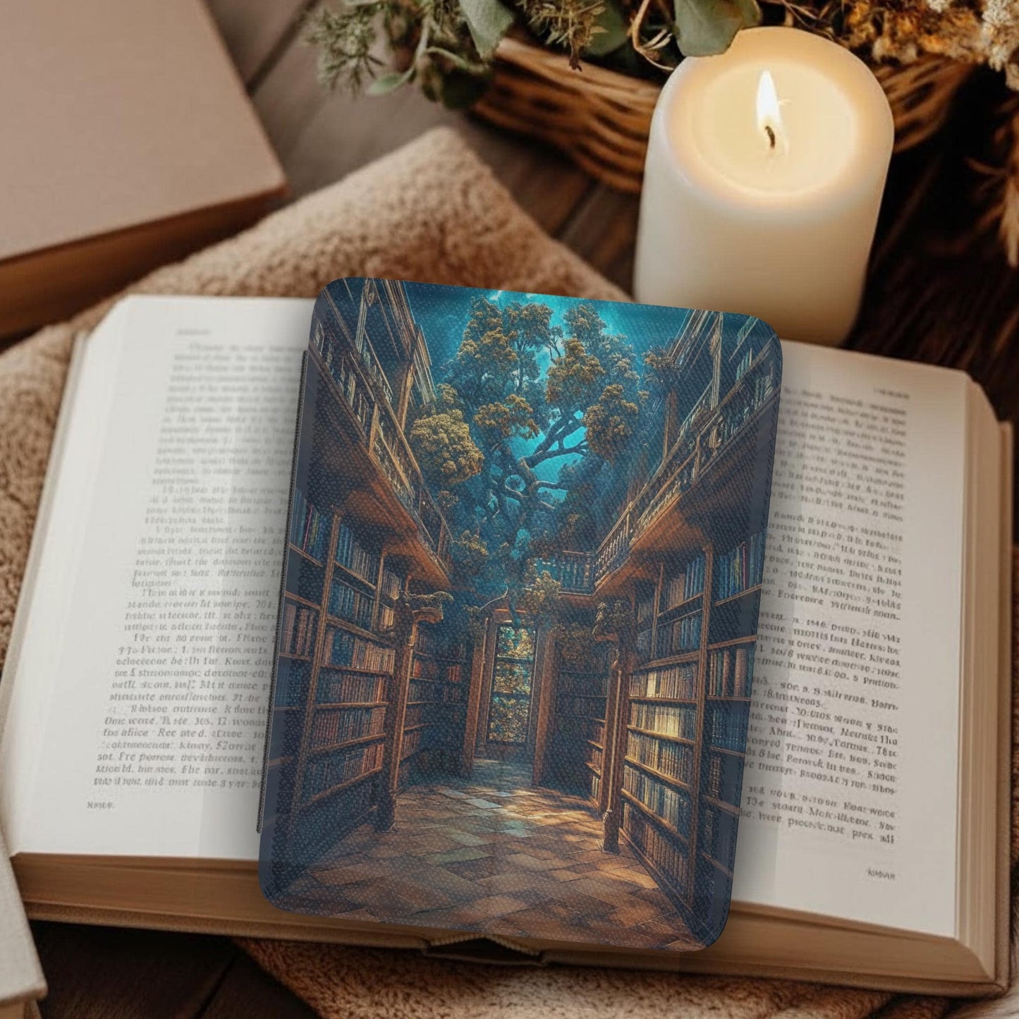 Fantasy Mystical Library Leather Kindle Case with Hand Strap