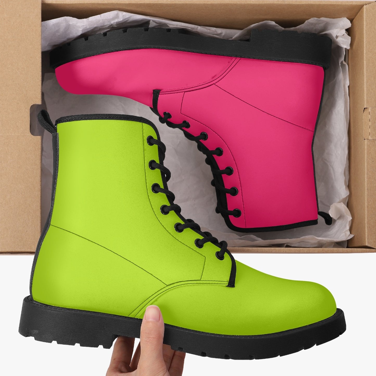 Neon Pink and Green Leather Combat Boots